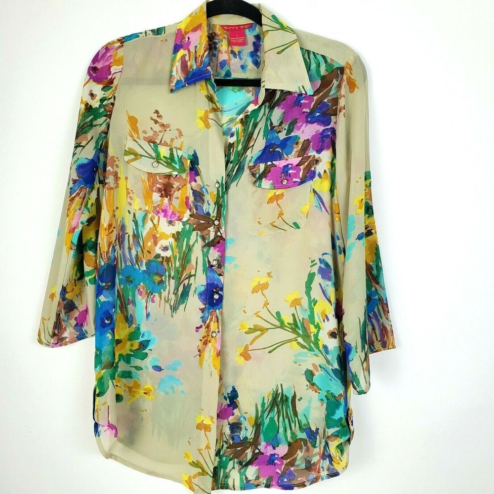 Sunny Leigh Women's‎ Semi-Sheer Floral Blouse Small Rhinestone Buttons